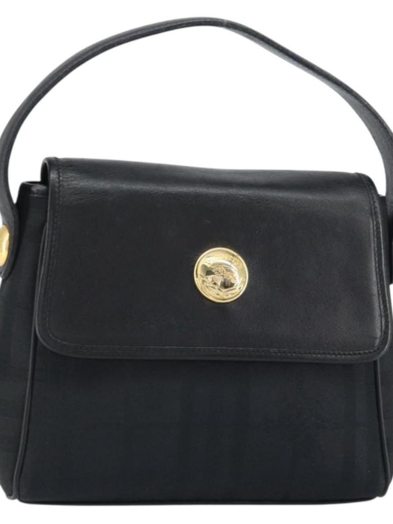 Burberrys Nova Check Hand Bag Leather Canvas Black Gold Auth Gh1496